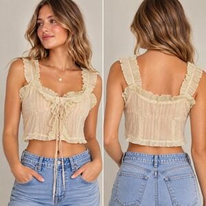 Flamant Rose Crop Top Cream Ruffle Lace Up Corset Milkmaid Cottagecore Sz Large